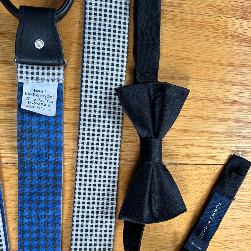 English Laundry Black/blue check Suspenders OSFM & Tommy Hilfiger black silk bow